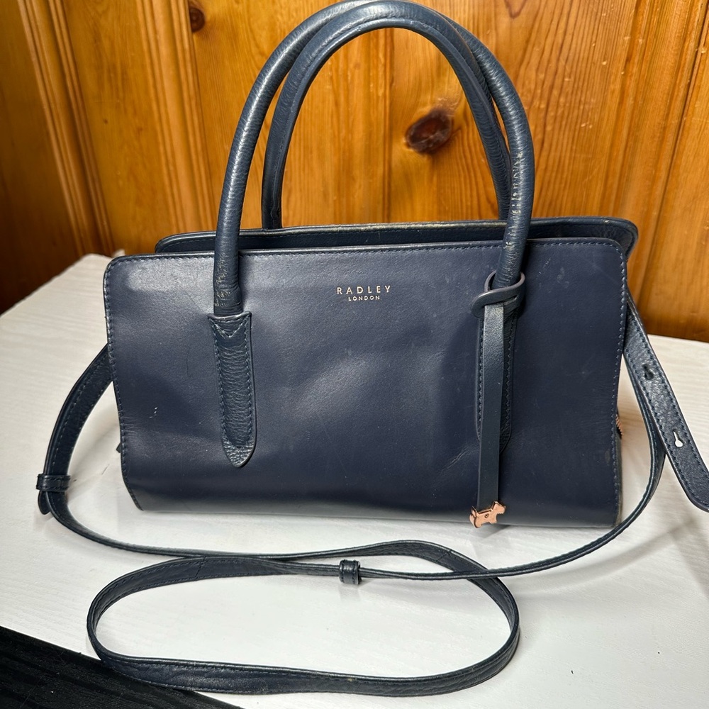 RADLEY LONDON Navy Leather Top-Handle Satchel with Crossbody Strap